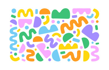 Fun colorful abstract doodle shape set. Creative childish style art symbol collection for children or party celebration with modern shapes. Simple upbeat freehand drawing scribble decoration.