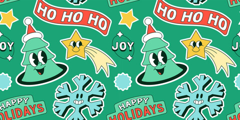 Funny vintage christmas cartoon character label seamless pattern illustration. Retro sticker patch background for xmas party celebration. Festive holiday season graphic print.