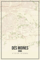 Retro US city map of Des Moines, Iowa. Vintage street map.