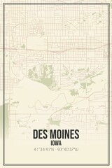 Retro US city map of Des Moines, Iowa. Vintage street map.