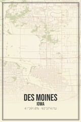 Retro US city map of Des Moines, Iowa. Vintage street map.