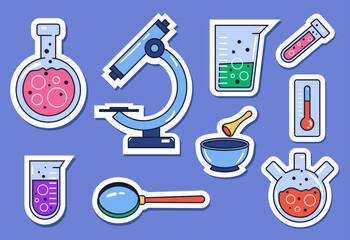 Chemistry laboratory science sticker isolated set. Vector flat graphic design element concept illustration