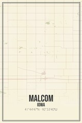Retro US city map of Malcom, Iowa. Vintage street map.