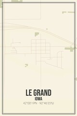 Retro US city map of Le Grand, Iowa. Vintage street map.