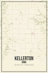 Retro US city map of Kellerton, Iowa. Vintage street map.