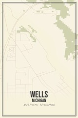 Retro US city map of Wells, Michigan. Vintage street map.
