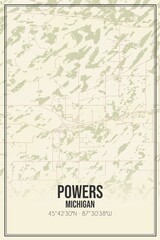 Retro US city map of Powers, Michigan. Vintage street map.