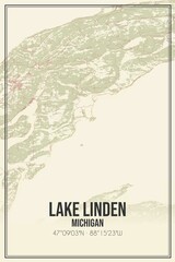 Retro US city map of Lake Linden, Michigan. Vintage street map.