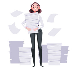 Many works concept. Stress paperwork overworked office workers. Vector graphic design illustration element