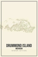 Retro US city map of Drummond Island, Michigan. Vintage street map.