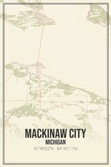 Retro US city map of Mackinaw City, Michigan. Vintage street map.