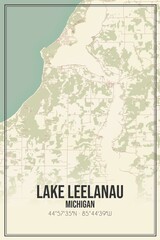 Retro US city map of Lake Leelanau, Michigan. Vintage street map.