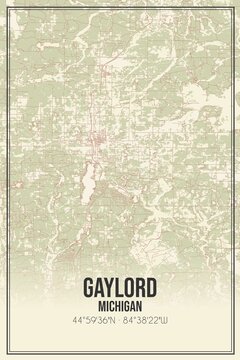 Retro US city map of Gaylord, Michigan. Vintage street map.