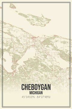 Retro US city map of Cheboygan, Michigan. Vintage street map.