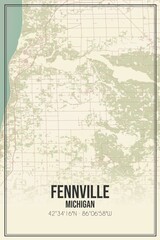 Retro US city map of Fennville, Michigan. Vintage street map.