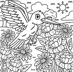 Spring Bird Over Flowers Coloring Page for Kids