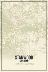 Retro US city map of Stanwood, Michigan. Vintage street map.