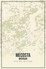 Retro US city map of Mecosta, Michigan. Vintage street map.
