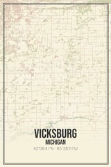 Retro US city map of Vicksburg, Michigan. Vintage street map.