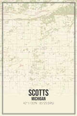 Retro US city map of Scotts, Michigan. Vintage street map.