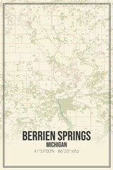 Retro US city map of Berrien Springs, Michigan. Vintage street map.