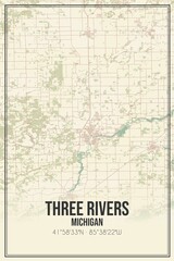 Retro US city map of Three Rivers, Michigan. Vintage street map.