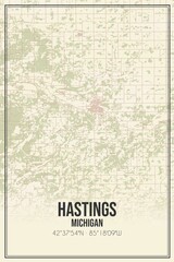 Retro US city map of Hastings, Michigan. Vintage street map.