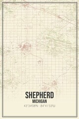 Retro US city map of Shepherd, Michigan. Vintage street map.