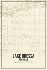 Retro US city map of Lake Odessa, Michigan. Vintage street map.