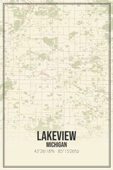 Retro US city map of Lakeview, Michigan. Vintage street map.