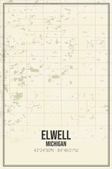 Retro US city map of Elwell, Michigan. Vintage street map.