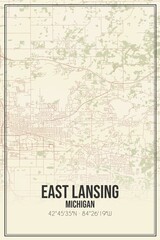 Retro US city map of East Lansing, Michigan. Vintage street map.