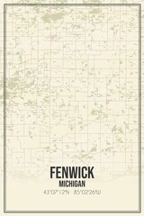 Retro US city map of Fenwick, Michigan. Vintage street map.