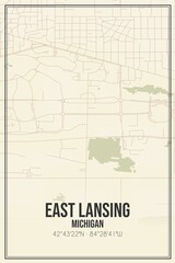 Retro US city map of East Lansing, Michigan. Vintage street map.