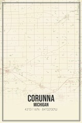 Retro US city map of Corunna, Michigan. Vintage street map.