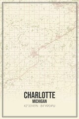 Retro US city map of Charlotte, Michigan. Vintage street map.