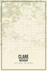 Retro US city map of Clare, Michigan. Vintage street map.
