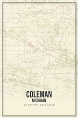 Retro US city map of Coleman, Michigan. Vintage street map.