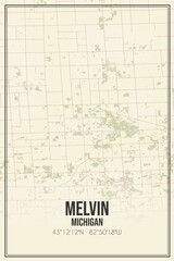 Retro US city map of Melvin, Michigan. Vintage street map.