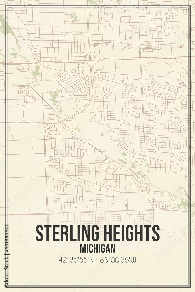 Wall mural Retro US city map of Sterling Heights, Michigan. Vintage street map.