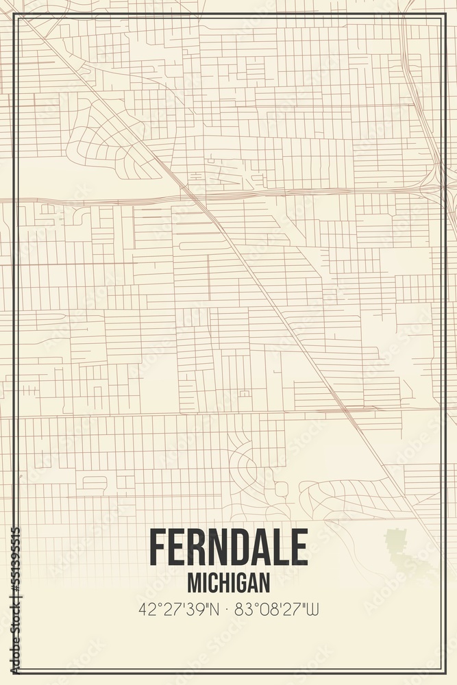 Wall mural Retro US city map of Ferndale, Michigan. Vintage street map.