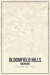 Fototapeta na wymiar Retro US city map of Bloomfield Hills, Michigan. Vintage street map.