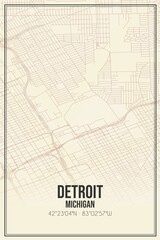 Retro US city map of Detroit, Michigan. Vintage street map.