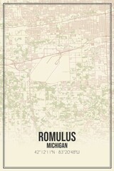 Retro US city map of Romulus, Michigan. Vintage street map.
