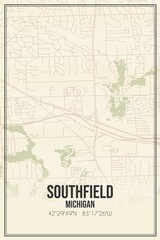 Retro US city map of Southfield, Michigan. Vintage street map.