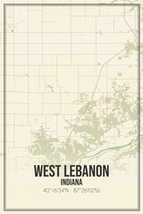 Retro US city map of West Lebanon, Indiana. Vintage street map.