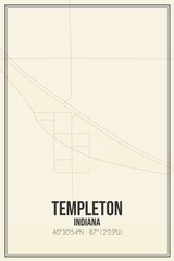 Retro US city map of Templeton, Indiana. Vintage street map.