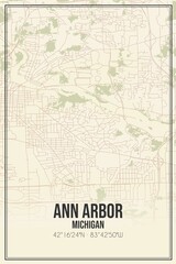Retro US city map of Ann Arbor, Michigan. Vintage street map.
