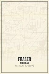 Retro US city map of Fraser, Michigan. Vintage street map.