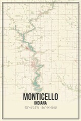 Retro US city map of Monticello, Indiana. Vintage street map.